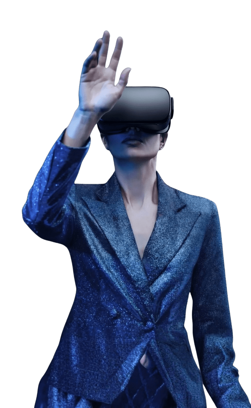 Person using a virtual reality headset with hand raised.