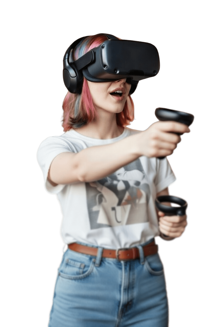 Young woman enjoying a virtual reality game with VR headset and controllers.