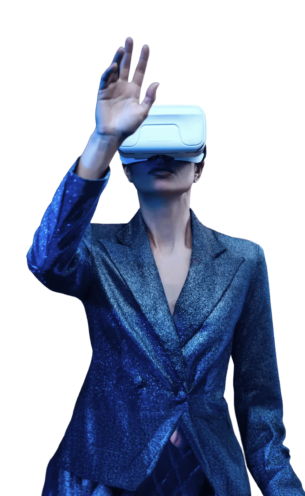 Person using a virtual reality headset with hand raised